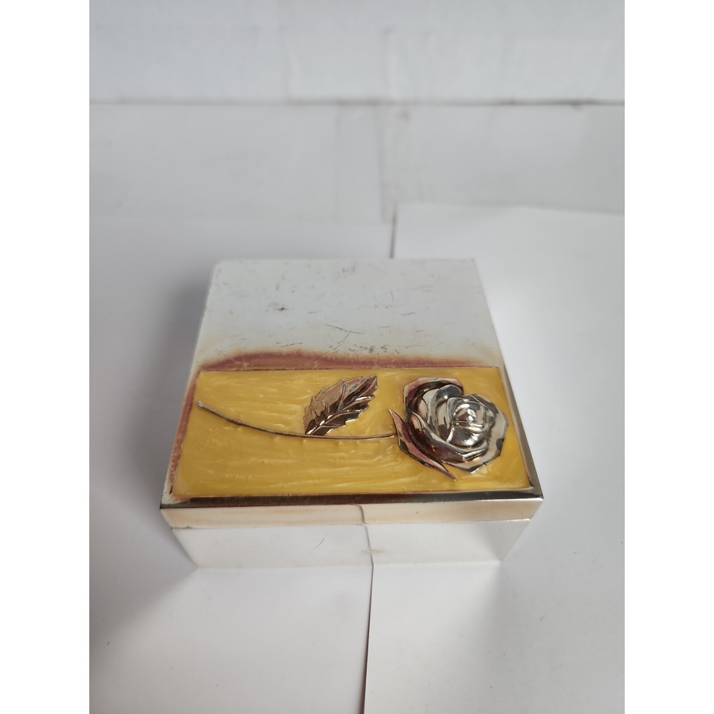 Vintage Glass Mirror Trinket Box Solver Felt Linef Etched Flower Square
